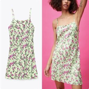 Zara Green and Pink Floral Satin Effect Mini Slip Dress Size XS